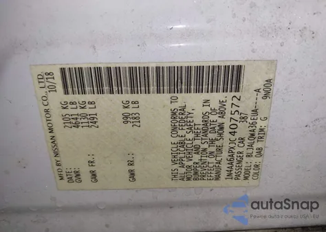 2018 Nissan Maxima 3.5 S из США, поврежденный, VIN 1N4AA6APXJC407572